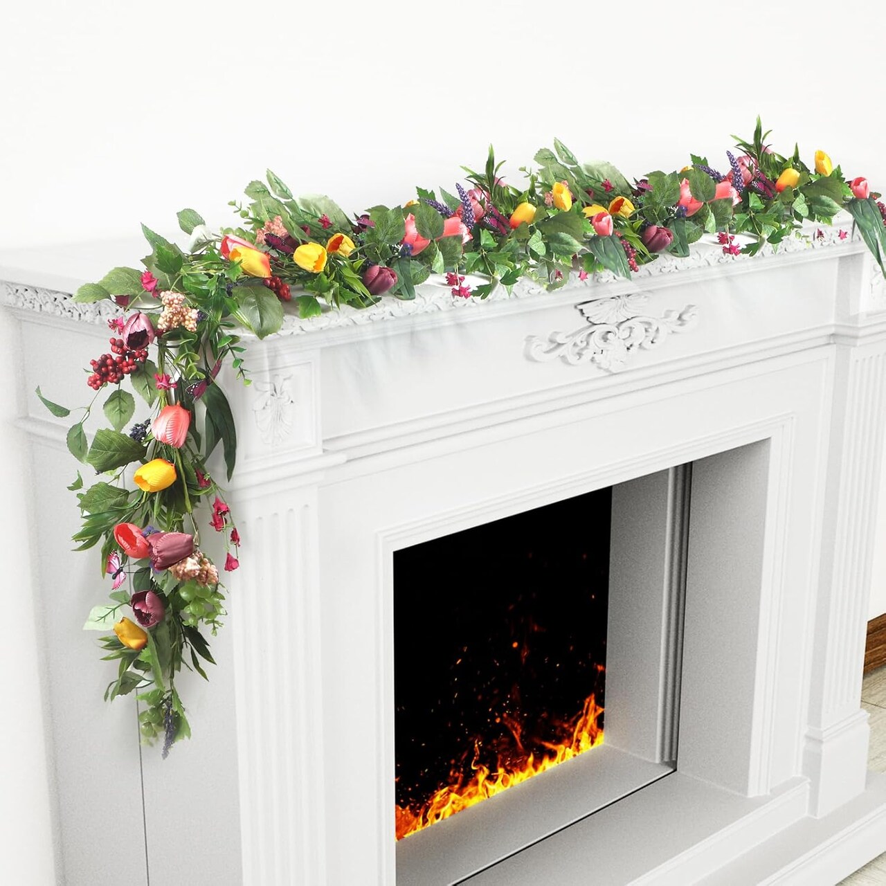 6FT Artificial Floral Garland – Tulip Wreath with Butterfly, Lavender & Eucalyptus for Front Door, Wall, Window, Farmhouse, Party & Holiday Home Decor